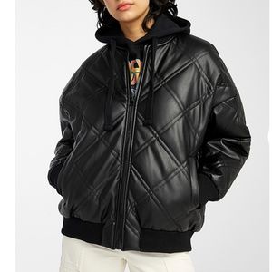 Quilted Faux Leather Bomber Jacket - Black